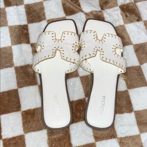 Soda Cream Slide Sandals with Tan Stitching